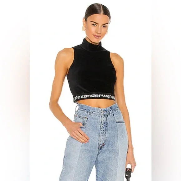 ALEXANDER WANG Mock Neck Tank in Stretch Corduroy Crop Tops